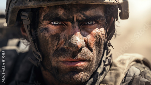 Eyes of soldier after battle, portrait of tired veteran close-up. Muddy face of depressed army man during war. Concept of ptsd, post stress, military, israeli, israel, dirt