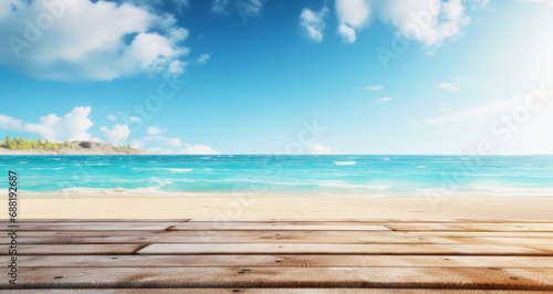 wooden table at the beach overlooking the ocean with blue sky