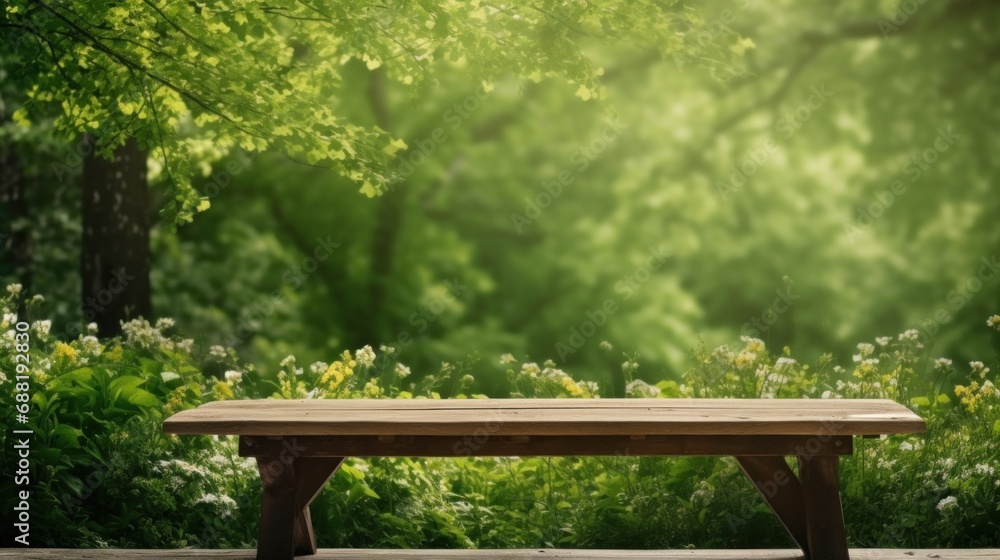 wooden table on a green grassy background