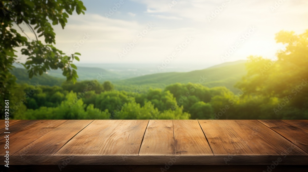 wooden table on a green grassy background