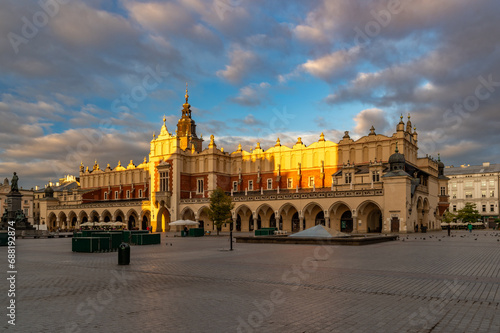 Cloth Hall on the Main Square in Krakow, Poland, beautifully illuminated by sun in the morning