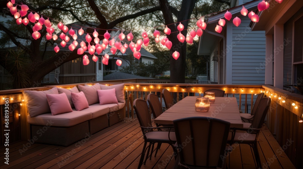 A backyard decorated with heart-shaped lights, balloons, and a love-themed banner