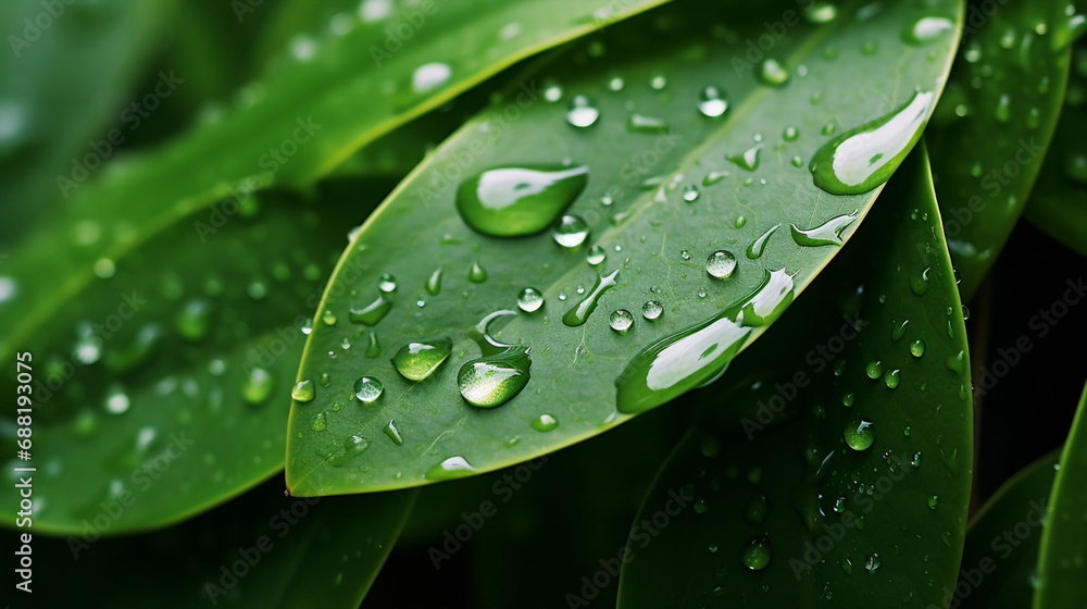 Close-Up of Crystal Clear Water Droplets on Green Leaves Background Close-Up of Crystal Clear Water Droplets on Green Leaves Background