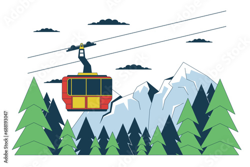 Gondola skilift mountain forest line cartoon flat illustration. Riding elevator ski lift 2D lineart landscape isolated on white background. Ski resort winter season scene vector color image