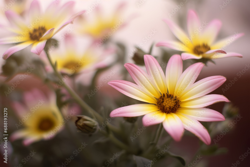 close up of daisies in pink and yellow colors in a flowers field meadow in spring, colorful wallpaper nature, Generated by AI
