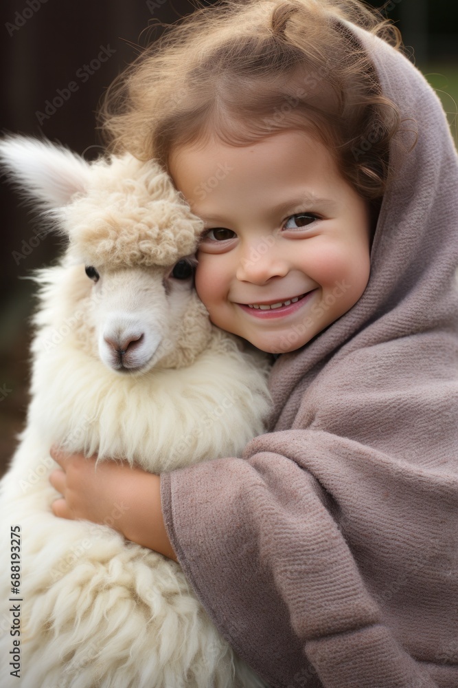 A beaming toddler cradles a fluffy and contented baby alpaca, A beaming toddler cradles a fluffy and contented baby alpaca,