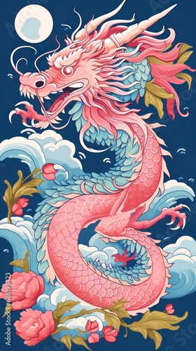 A beautiful Chinese dragon in shades of pink and gold,