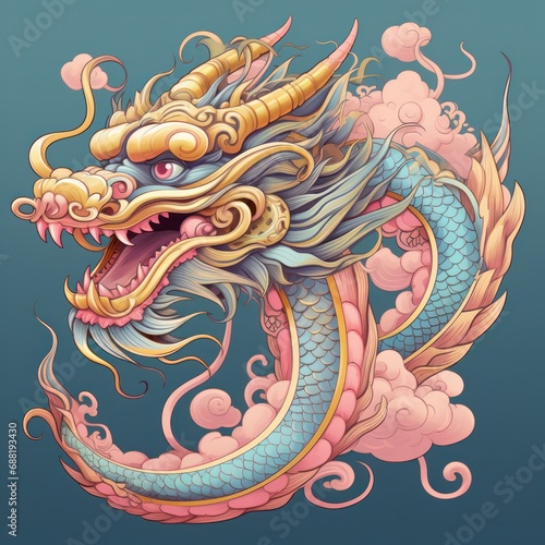 A beautiful Chinese dragon in shades of pink and gold,