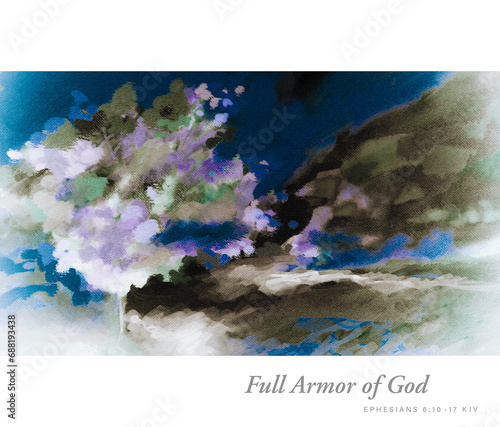 Full Armor of God Bible Verse in Ephesians 6:10-17 KJV with Impressionistic & Whimsical Tree in Blues, Greens & Lavendars or Purple photo