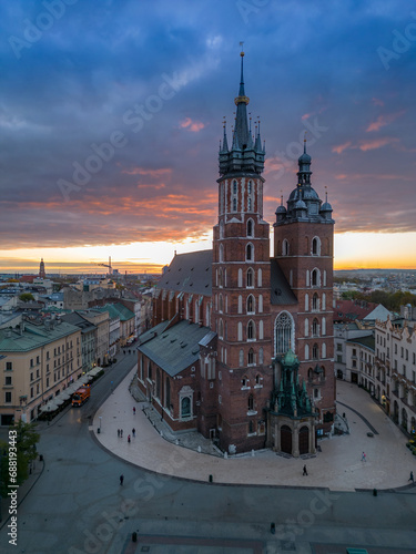 Aerial view of St Mary's church in Krakow, Poland, during colorful sunrise photo