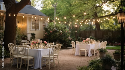 A beautiful outdoor garden party complete with fairy lights and floral centerpieces.