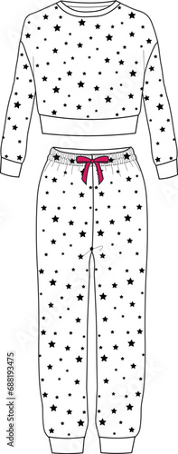 Seamless pattern and illustration set. STAR SEAMLESS PATTERN TOP AND BOTTOM MATCHING PAJAMA SET FOR WOMEN AND TEEN GIRLS WEAR. PYJAMA with star pattern. jogger pants and sweatshirt