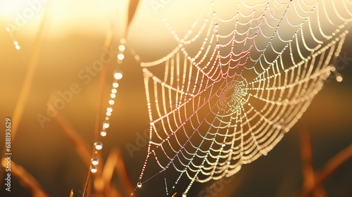 Dew-Kissed Cobweb in Early Morning Light Background