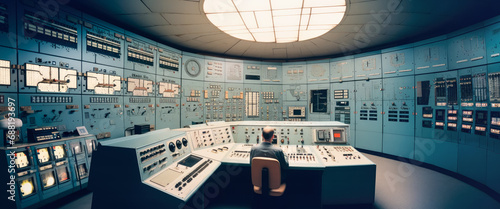 Nuclear plant control room, worker standing at desk control panels. Generative AI