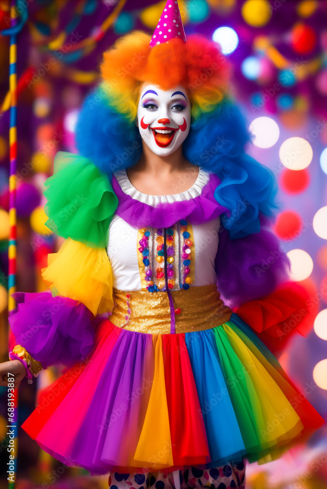 Intriguingly amusing clown woman adorned in vibrant attire. An amusement source for both youngsters and grown-ups, this circus entertainer brings joy and laughter