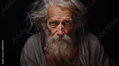 Very old grizzled man with wizened look on his face that wears long grey facial hair