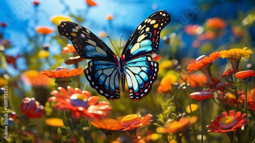 A 3d abstraction butterfly captured in flight above a meadow of wildflowers, showcasing its dynamic motion and beauty.