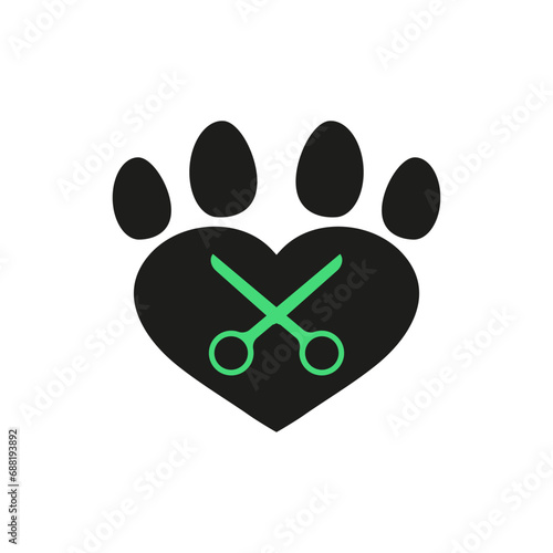 Dog and cat grooming logo design template. Scissors and paw print with heart. 