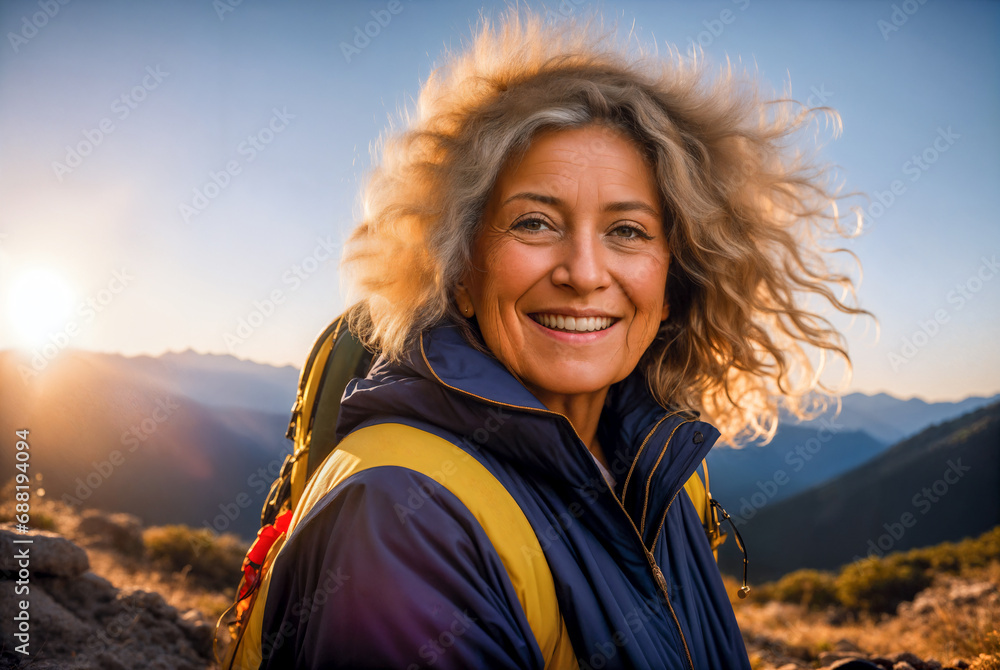 An elderly woman in climbing equipment on the top of a mountain. Active aging, healthy lifestyle An elderly woman in climbing equipment on the top of a mountain. Active aging, healthy lifestyle