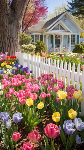 A charming spring garden with a white picket fence and a mix of colorful flow...