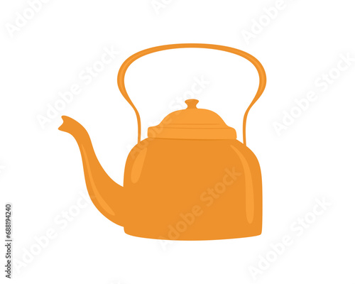 Tea kettle in flat style. Golden teapot with handle. Rustic teakettle for boiling water. Concept of cozy tea party, hot healthy beverage. Flat vector illustration isolated on white background