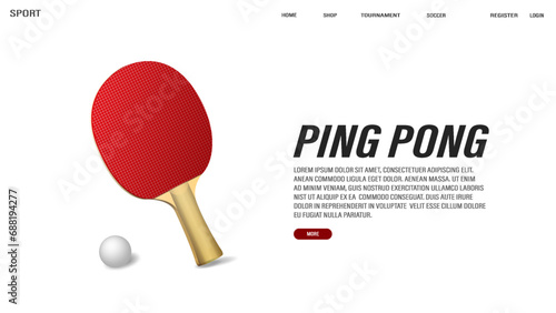 A web banner with a racket and a ping pong ball on a white background with shadows. A concept for sports betting.