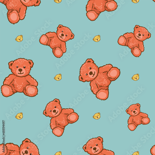 Teddy Bear pattern cartoon style with pastel background color, adorable, cute, and funny