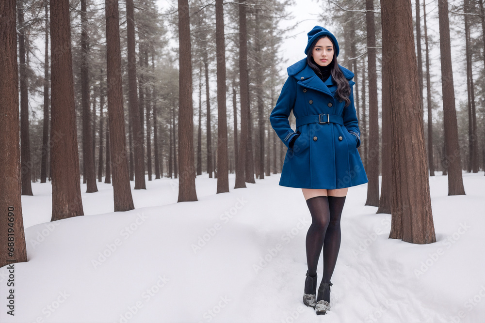Sexy woman super model in blue coat, short dress and black stockings.Winter snowy forest, frost.Creative designer fashion glamour art.