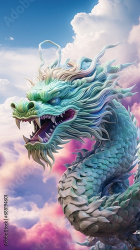 A colorful Chinese dragon in shades of blue  green  and purple  soaring through the sky