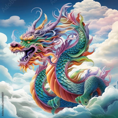 A colorful Chinese dragon in shades of blue  green  and purple  soaring through the sky
