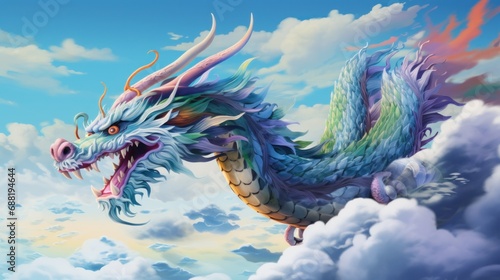 A colorful Chinese dragon in shades of blue, green, and purple, soaring through the sky