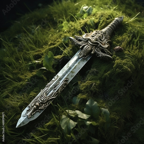 a knigh that is placed his sword in grass and nearly dying photo