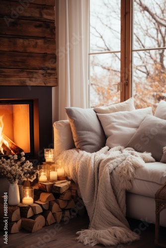 A cozy living room with a fireplace as the centerpiece, adorned with warm bla...