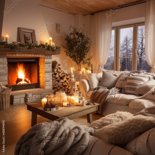 A cozy living room with a fireplace as the centerpiece, adorned with warm bla...
