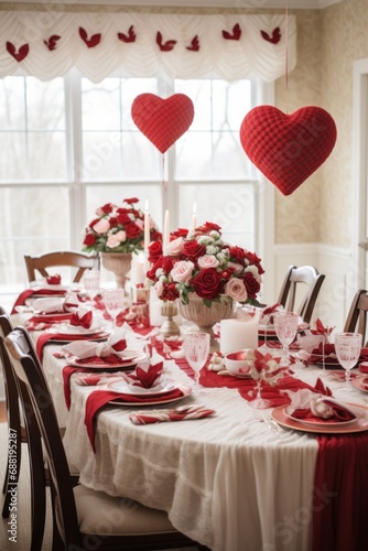 A dining room decorated with heart-shaped napkins, tablecloth,