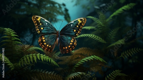 A 3d abstraction butterfly perched on a lush fern, set against the backdrop of a misty forest.