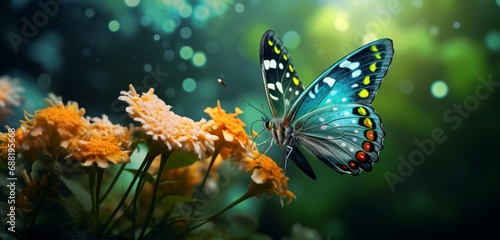 A 3d abstraction butterfly sitting gracefully on a green leaf, with a background of soft-focus garden flowers.