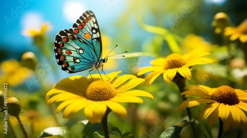 A 3d abstraction butterfly sitting on a bright yellow daisy, with a high-resolution focus against a lush green background. © insta_shorts 
