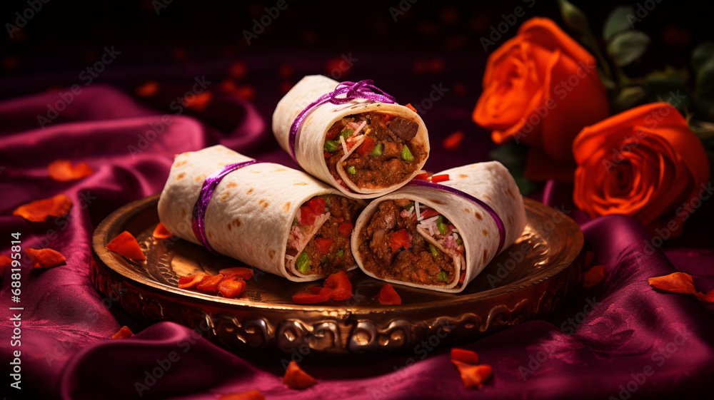 Traditional mexican burrito with beef and vegetables on a dark background generativa IA Traditional mexican burrito with beef and vegetables on a dark background generativa IA