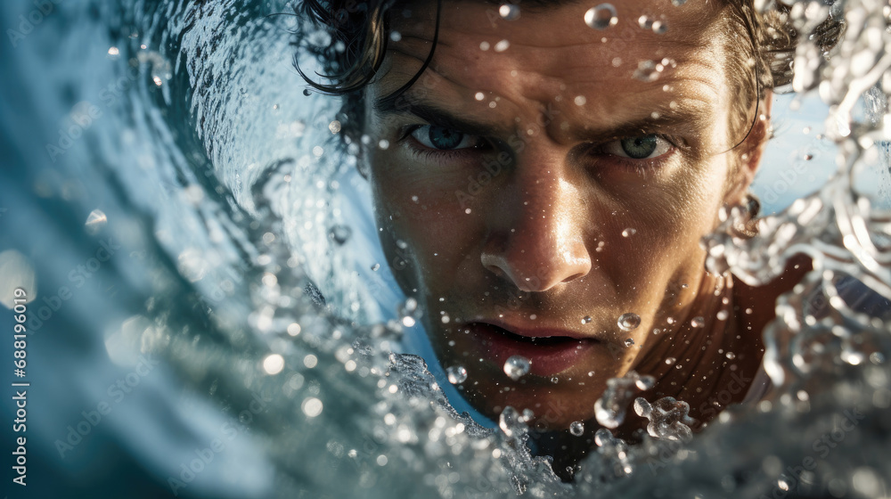 Close view of surfer in barrel wave capturing skill and water clarity