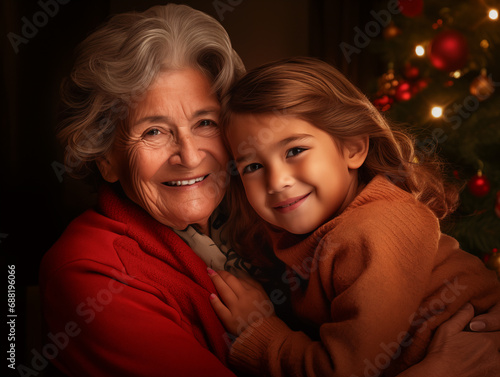 grandmother with granddaughter grandmother with granddaughter at home against the backdrop of the christmas tree