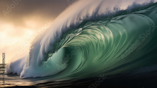 Lone surfer on a powerful shore-breaking wave intense water force © javier