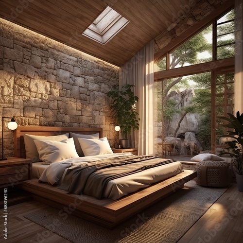 The cozy bedroom is in the attic of a chalet. Huge bed with numerous pillows is dominates the room. The interior is decorated with wood and natural materials.