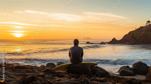 Peaceful surfer sitting on board golden hour lighting up the ocean