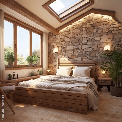 Wooden interior of bedroom in the house with colored furniture - 3d illustration