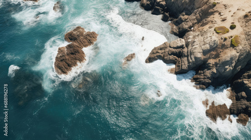 Aerial shot of surfer in a cove rugged cliffs framing the scene