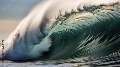 Powerful wave crashing onto shore surfers riding swells intense scene © javier