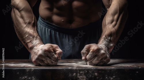 Detailed shot of weightlifter's hands on barbell chalk dust strength focus photo
