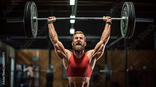Dynamic weightlifting scene barbell suspended brightly lit gym atmosphere