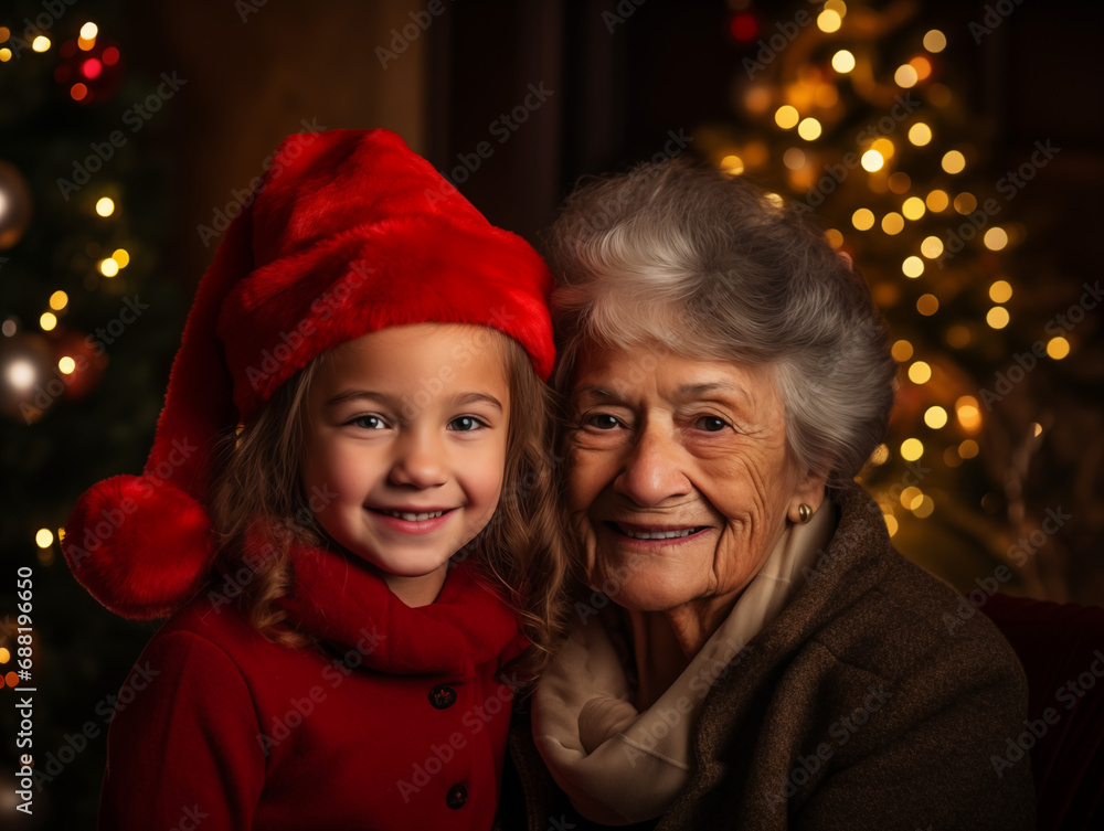 grandmother with granddaughter grandmother with granddaughter at home against the backdrop of the christmas tree grandmother with granddaughter grandmother with granddaughter at home against the backdrop of the christmas tree